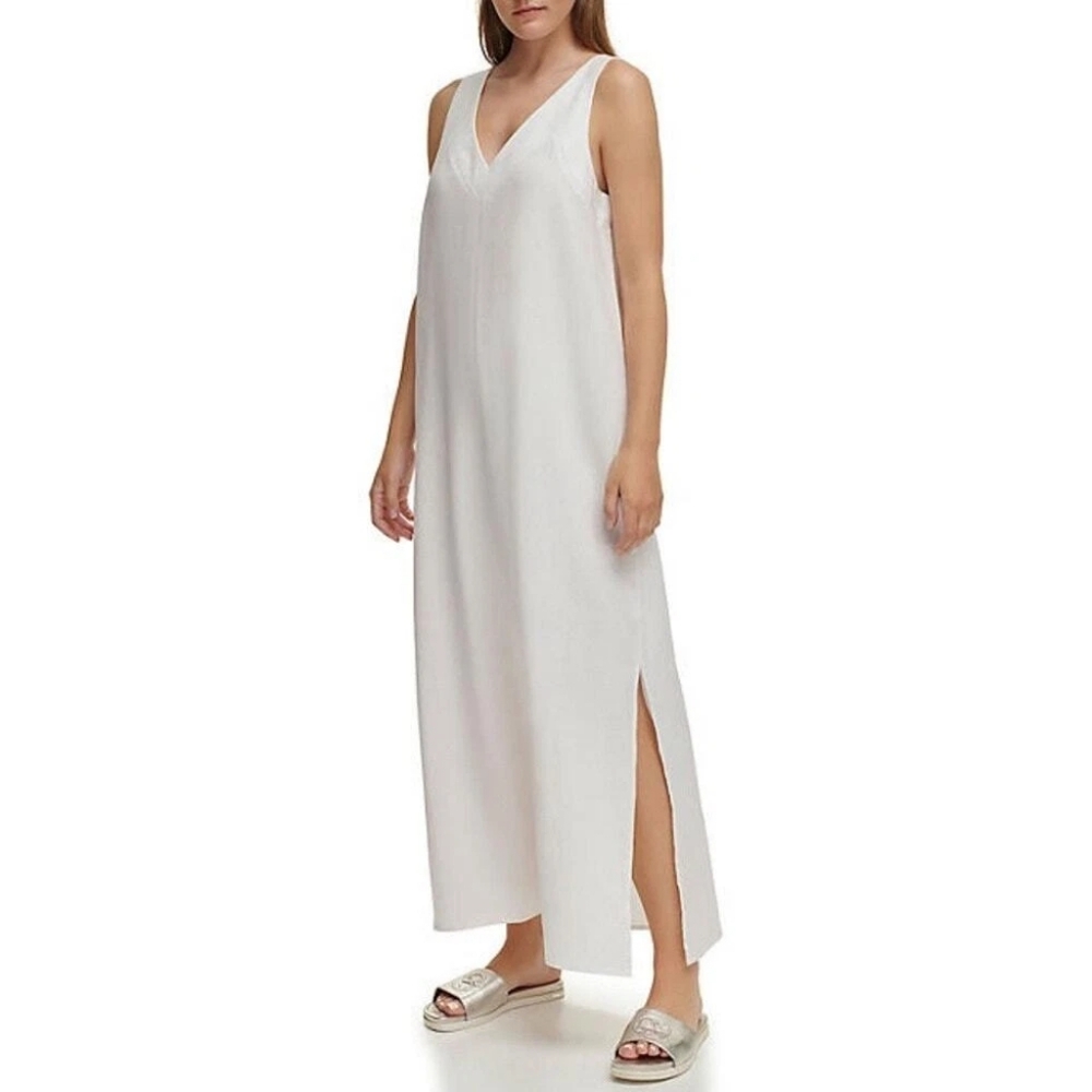 DKNY White Linen Maxi Dress V-Neck Sleeveless Side Slit Resort Beach Size L